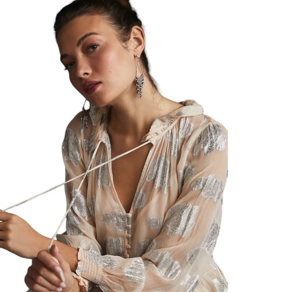 Anthropologie The Marais Chiffon Maxi Dress Shine Edition Peach Metallic 1X - Picture 2 of 14